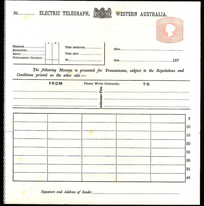 Western Australia  1870s 1/  pink TELEGRAM FORM