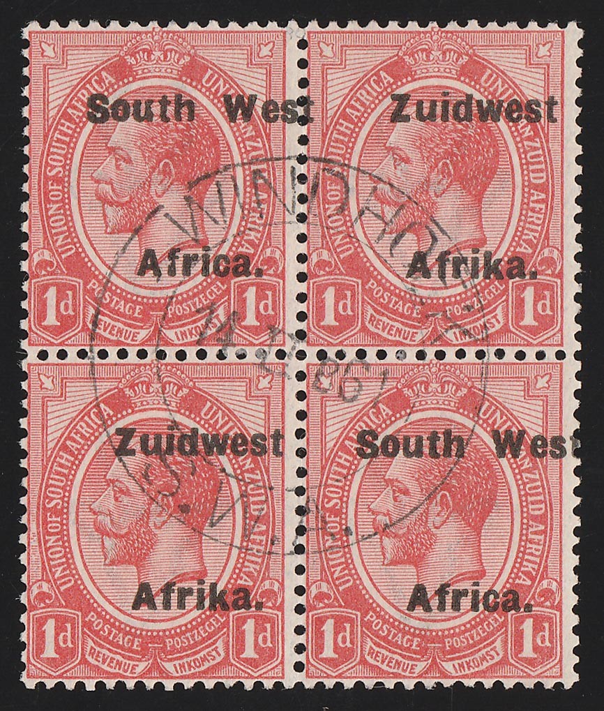 SOUTH WEST AFRICA 1923 setting VI KGV 1d block, error misplaced to